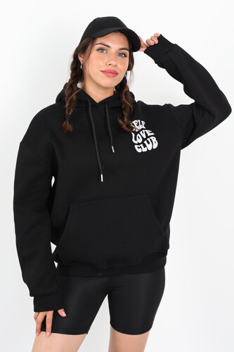 Ön Arka Self Love Baskılı Üç İplik Kapüşonlu Siyah Kadın Sweat - Berox