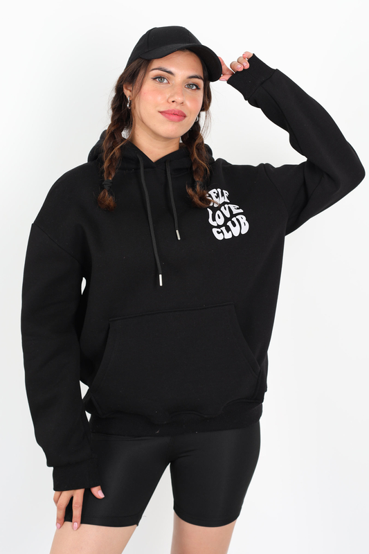 Ön Arka Self Love Baskılı Üç İplik Kapüşonlu Siyah Kadın Sweat - 1