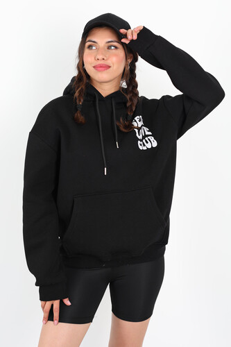 Ön Arka Self Love Baskılı Üç İplik Kapüşonlu Siyah Kadın Sweat - Berox (1)