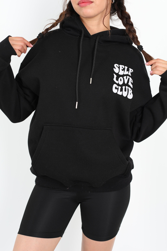 Ön Arka Self Love Baskılı Üç İplik Kapüşonlu Siyah Kadın Sweat - 3