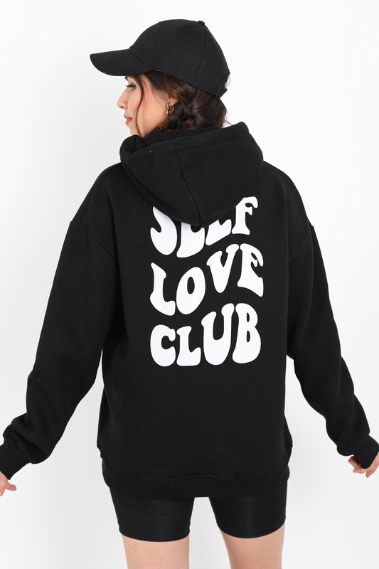 Ön Arka Self Love Baskılı Üç İplik Kapüşonlu Siyah Kadın Sweat - 4