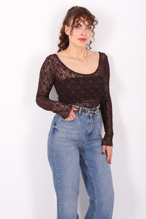 Ön Arka U Yaka Dantel Kahverengi Kadın Crop Bluz - 3
