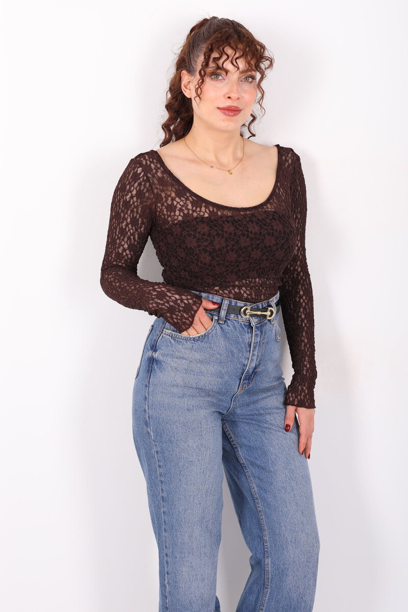 Ön Arka U Yaka Dantel Kahverengi Kadın Crop Bluz - 3