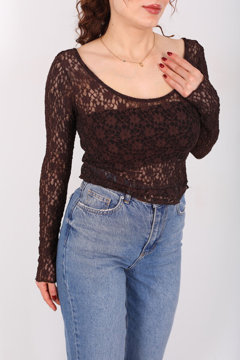 Ön Arka U Yaka Dantel Kahverengi Kadın Crop Bluz - 2