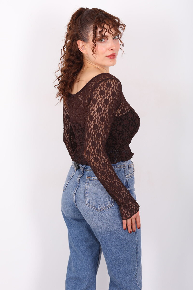 Ön Arka U Yaka Dantel Kahverengi Kadın Crop Bluz - 5