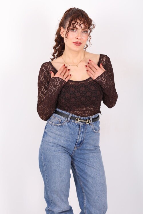 Ön Arka U Yaka Dantel Kahverengi Kadın Crop Bluz - 4