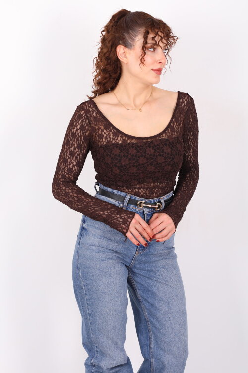Ön Arka U Yaka Dantel Kahverengi Kadın Crop Bluz - 6