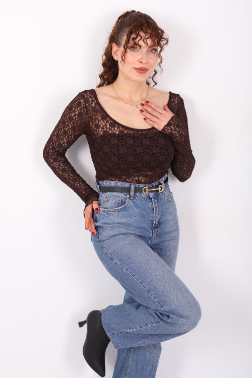 Ön Arka U Yaka Dantel Kahverengi Kadın Crop Bluz - Berox
