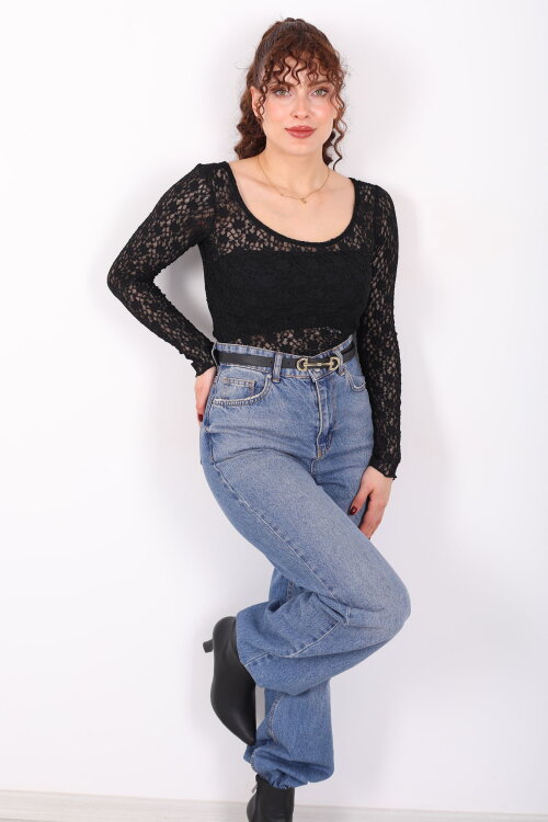 Ön Arka U Yaka Dantel Siyah Kadın Crop Bluz - 3