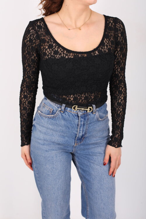 Ön Arka U Yaka Dantel Siyah Kadın Crop Bluz - Berox (1)