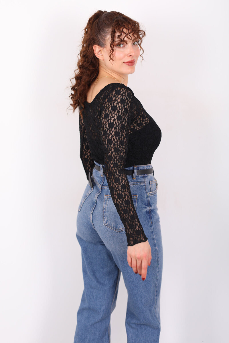 Ön Arka U Yaka Dantel Siyah Kadın Crop Bluz - 5