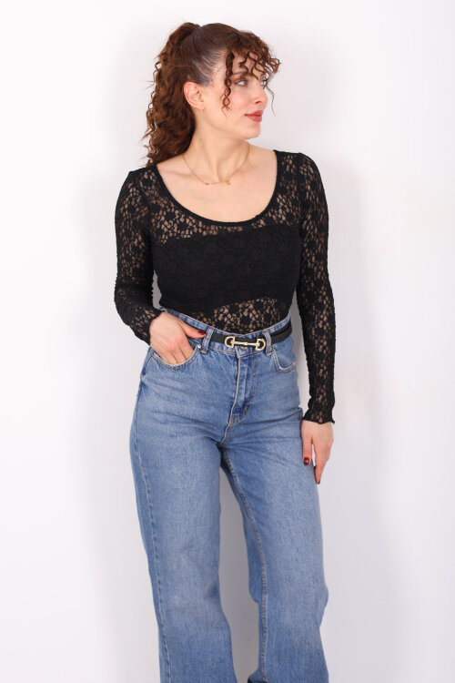 Ön Arka U Yaka Dantel Siyah Kadın Crop Bluz - Berox
