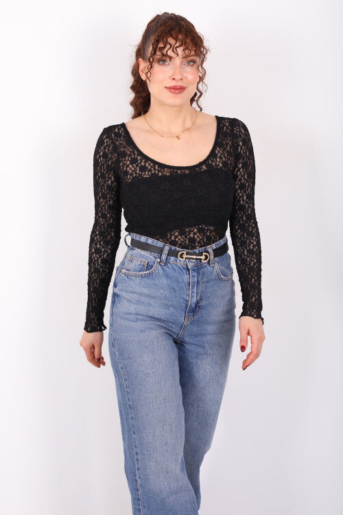 Ön Arka U Yaka Dantel Siyah Kadın Crop Bluz - 6
