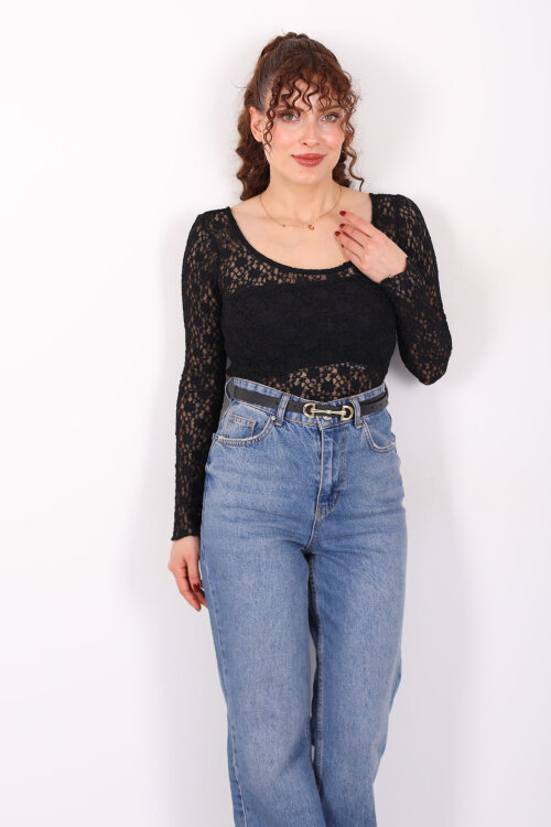 Ön Arka U Yaka Dantel Siyah Kadın Crop Bluz - 4