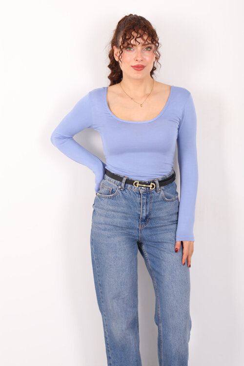 Ön Arka U Yaka Uzun Kollu Bebe Mavi Kadın Basic Bluz - 3