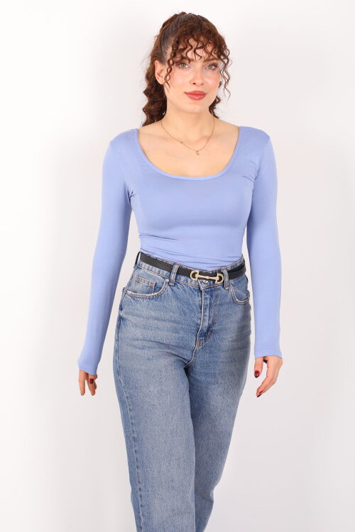 Ön Arka U Yaka Uzun Kollu Bebe Mavi Kadın Basic Bluz - 6