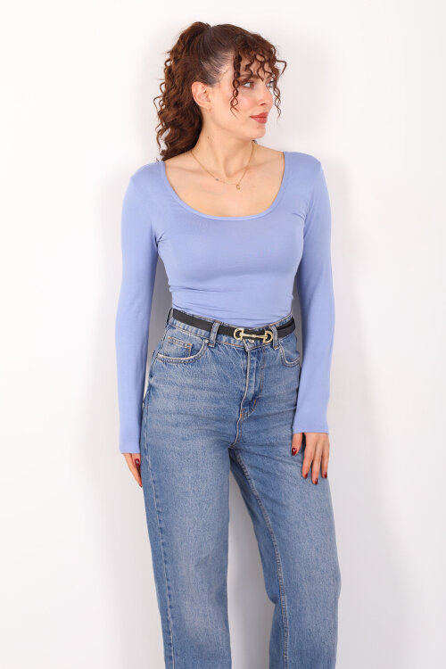 Ön Arka U Yaka Uzun Kollu Bebe Mavi Kadın Basic Bluz - 4