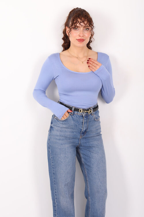 Ön Arka U Yaka Uzun Kollu Bebe Mavi Kadın Basic Bluz - Berox