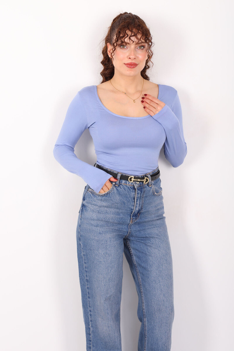 Ön Arka U Yaka Uzun Kollu Bebe Mavi Kadın Basic Bluz - 1