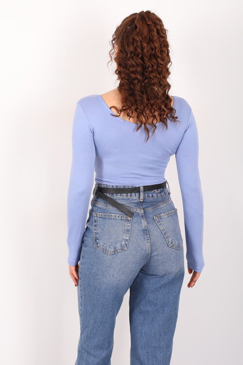 Ön Arka U Yaka Uzun Kollu Bebe Mavi Kadın Basic Bluz - 5