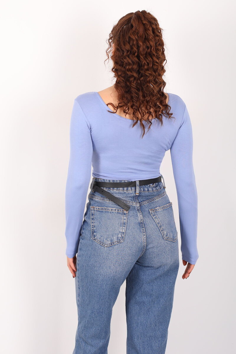 Ön Arka U Yaka Uzun Kollu Bebe Mavi Kadın Basic Bluz - 5