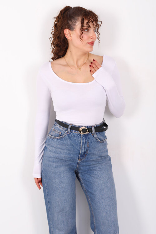 Ön Arka U Yaka Uzun Kollu Beyaz Kadın Basic Bluz - 4