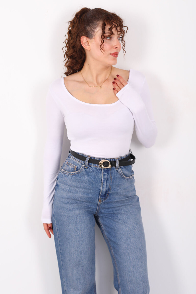 Ön Arka U Yaka Uzun Kollu Beyaz Kadın Basic Bluz - 4