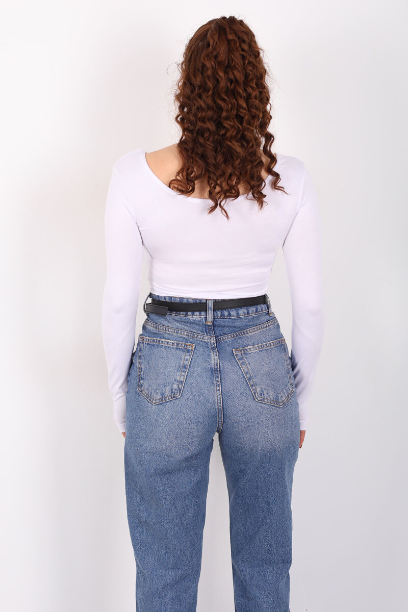 Ön Arka U Yaka Uzun Kollu Beyaz Kadın Basic Bluz - 5