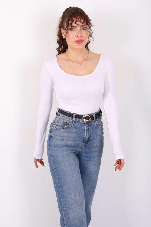 Ön Arka U Yaka Uzun Kollu Beyaz Kadın Basic Bluz - 6