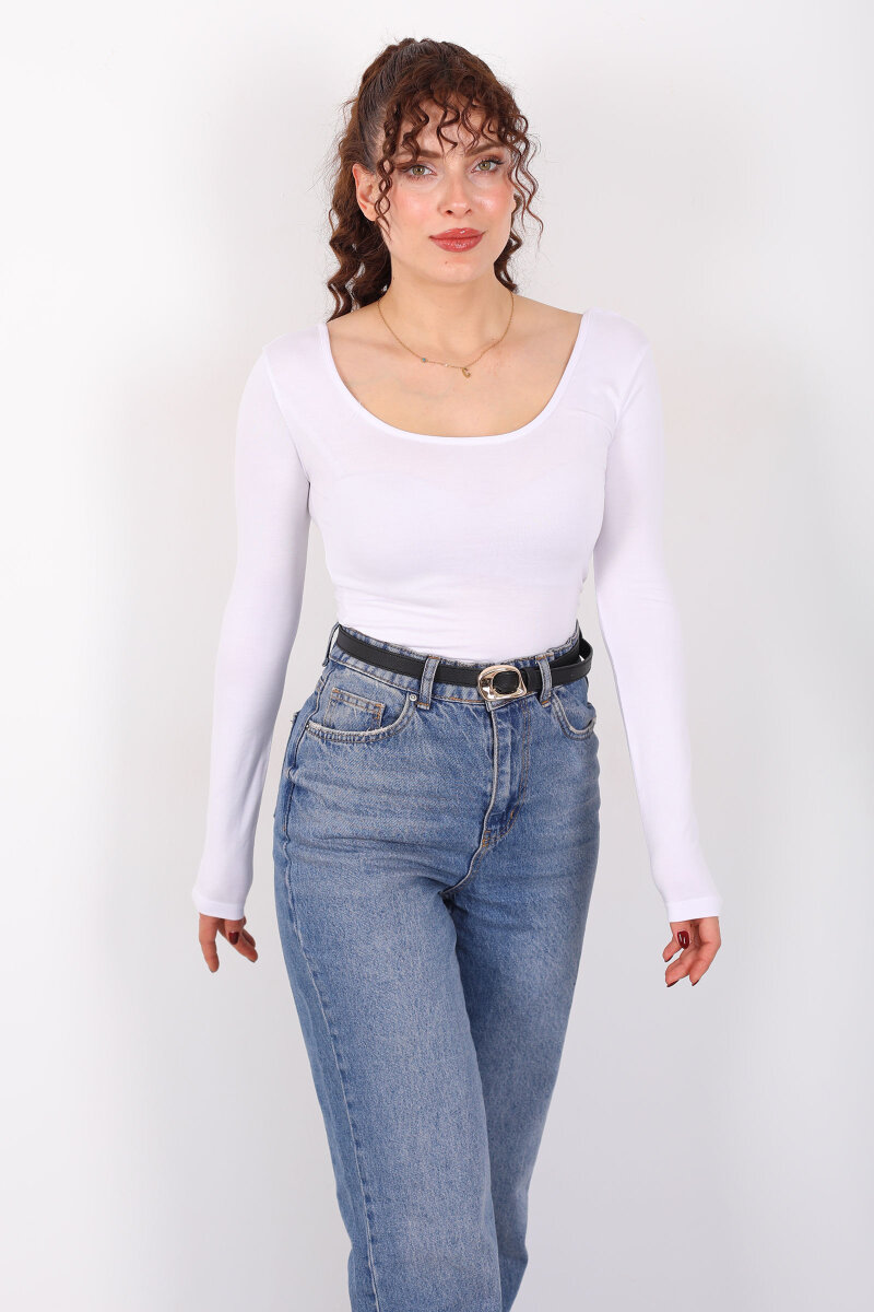 Ön Arka U Yaka Uzun Kollu Beyaz Kadın Basic Bluz - 6