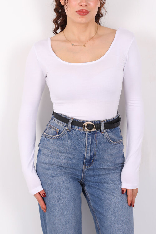 Ön Arka U Yaka Uzun Kollu Beyaz Kadın Basic Bluz - Berox (1)