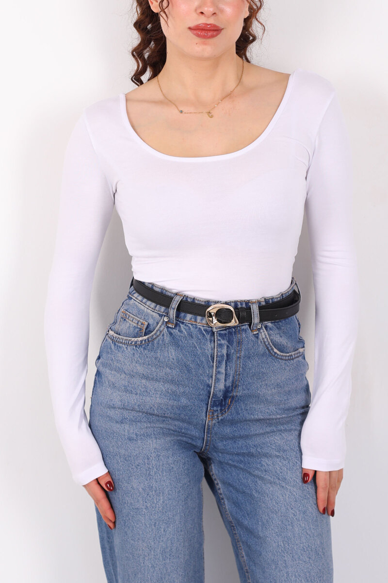 Ön Arka U Yaka Uzun Kollu Beyaz Kadın Basic Bluz - 2