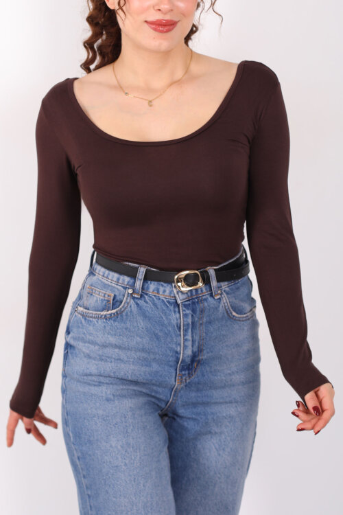 Ön Arka U Yaka Uzun Kollu Kahverengi Kadın Basic Bluz - Berox (1)