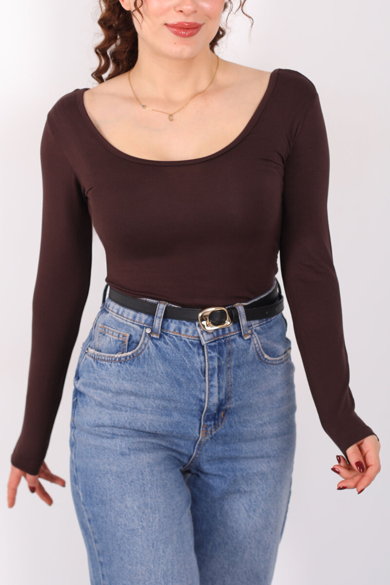 Ön Arka U Yaka Uzun Kollu Kahverengi Kadın Basic Bluz - 2