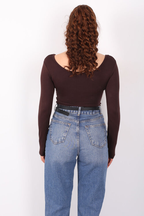 Ön Arka U Yaka Uzun Kollu Kahverengi Kadın Basic Bluz - 5