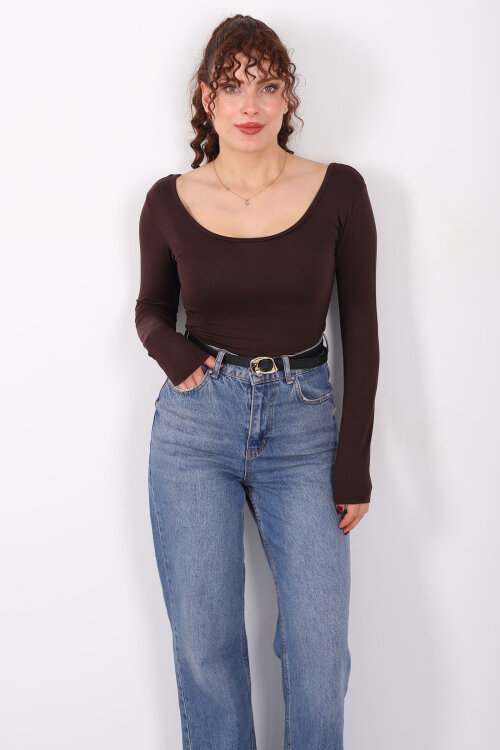 Ön Arka U Yaka Uzun Kollu Kahverengi Kadın Basic Bluz - 4