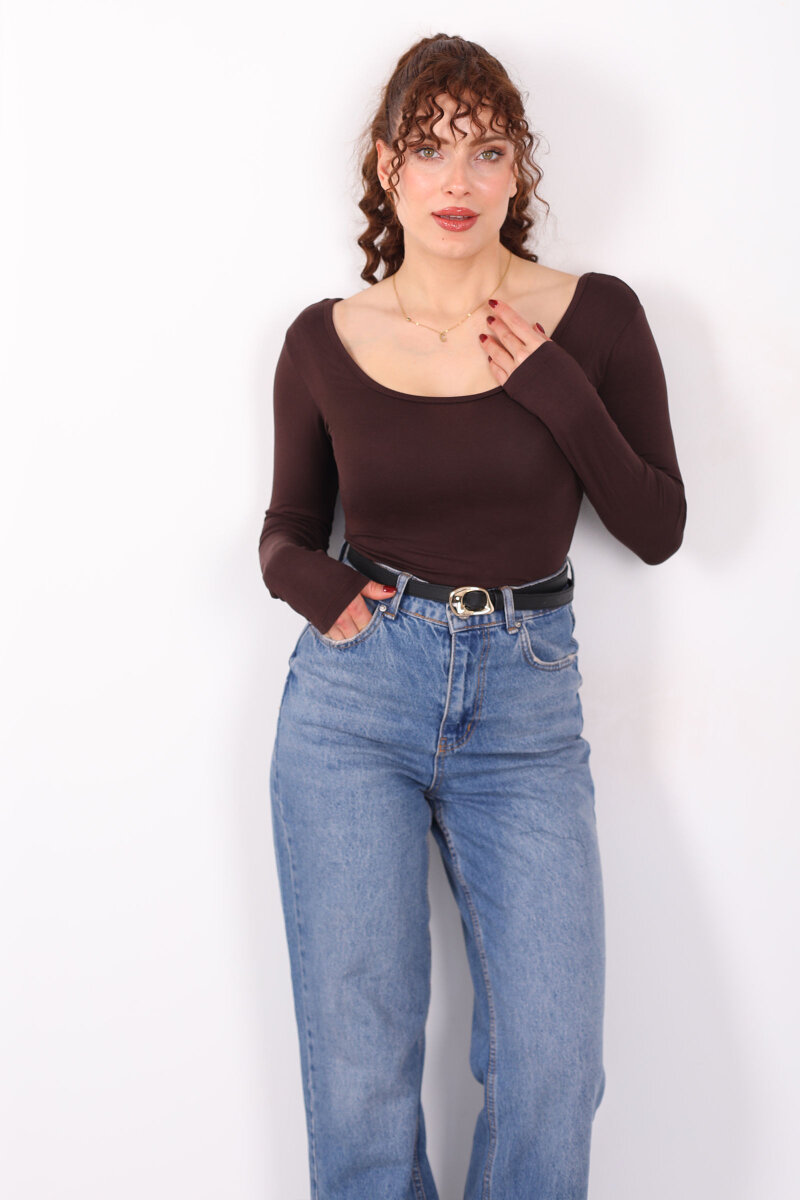 Ön Arka U Yaka Uzun Kollu Kahverengi Kadın Basic Bluz - 3