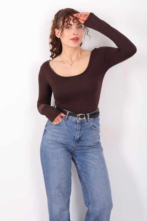 Ön Arka U Yaka Uzun Kollu Kahverengi Kadın Basic Bluz - Berox