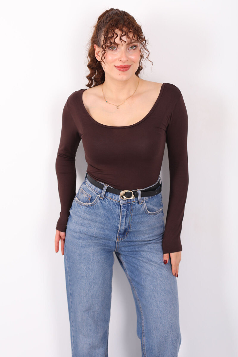 Ön Arka U Yaka Uzun Kollu Kahverengi Kadın Basic Bluz - 6