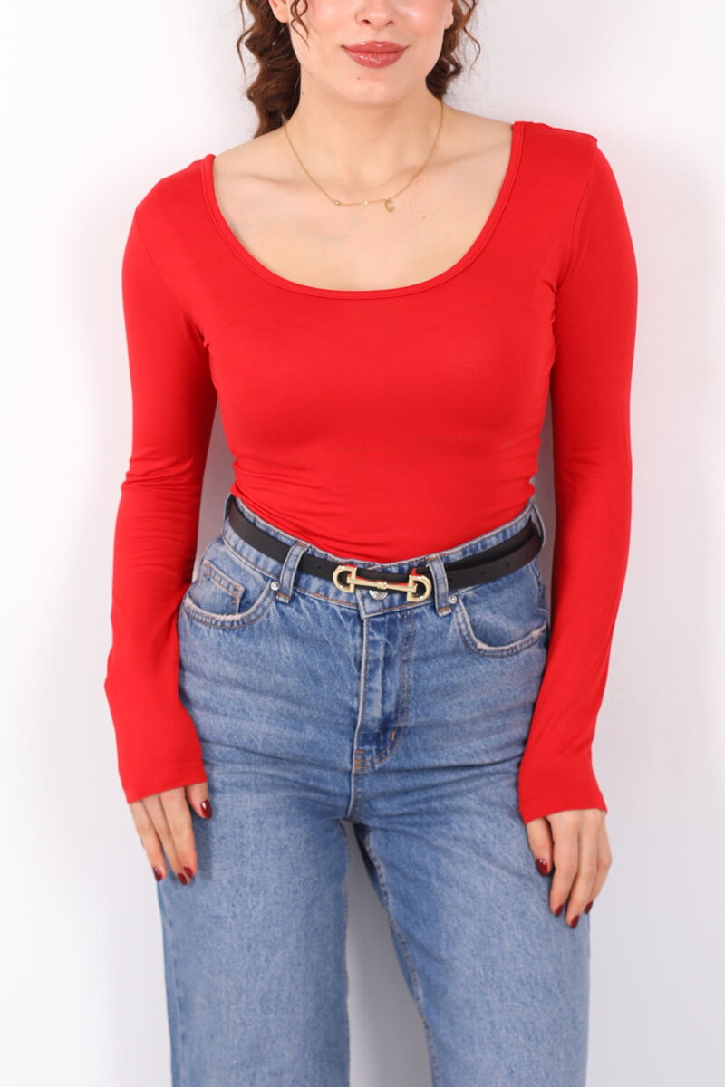 Ön Arka U Yaka Uzun Kollu Kırmızı Kadın Basic Bluz - 2