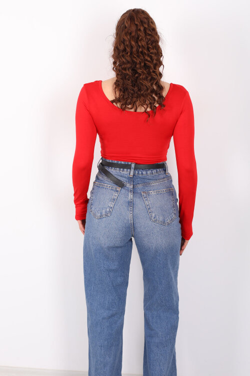 Ön Arka U Yaka Uzun Kollu Kırmızı Kadın Basic Bluz - 5