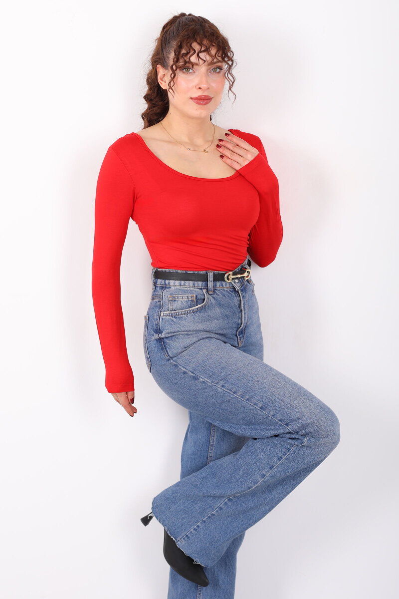 Ön Arka U Yaka Uzun Kollu Kırmızı Kadın Basic Bluz - 1