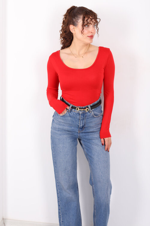 Ön Arka U Yaka Uzun Kollu Kırmızı Kadın Basic Bluz - 3