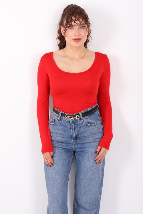 Ön Arka U Yaka Uzun Kollu Kırmızı Kadın Basic Bluz - 4