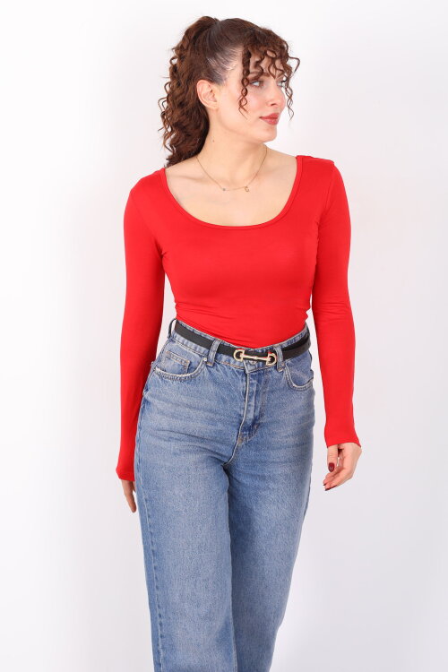 Ön Arka U Yaka Uzun Kollu Kırmızı Kadın Basic Bluz - 6