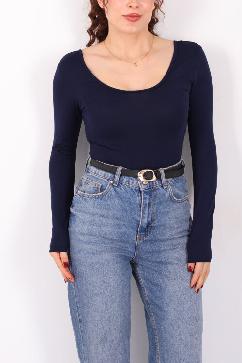 Ön Arka U Yaka Uzun Kollu Lacivert Kadın Basic Bluz - Berox (1)