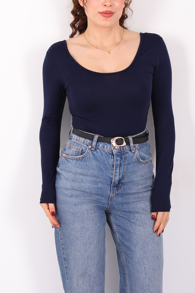 Ön Arka U Yaka Uzun Kollu Lacivert Kadın Basic Bluz - 2