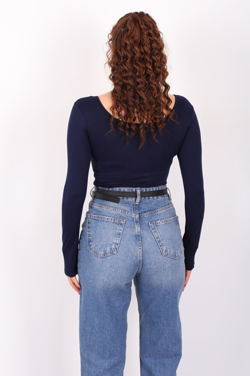 Ön Arka U Yaka Uzun Kollu Lacivert Kadın Basic Bluz - 5