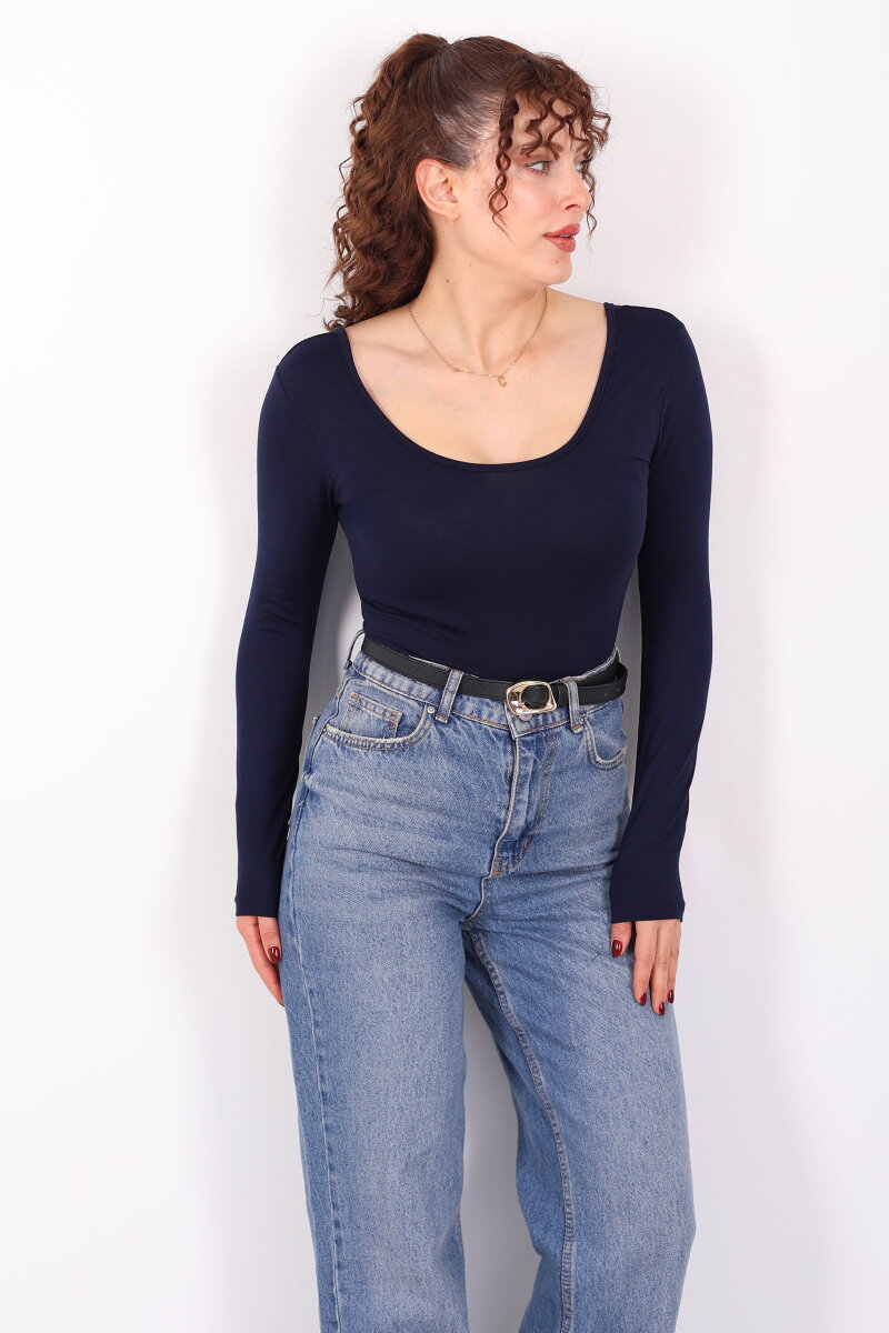 Ön Arka U Yaka Uzun Kollu Lacivert Kadın Basic Bluz - 4