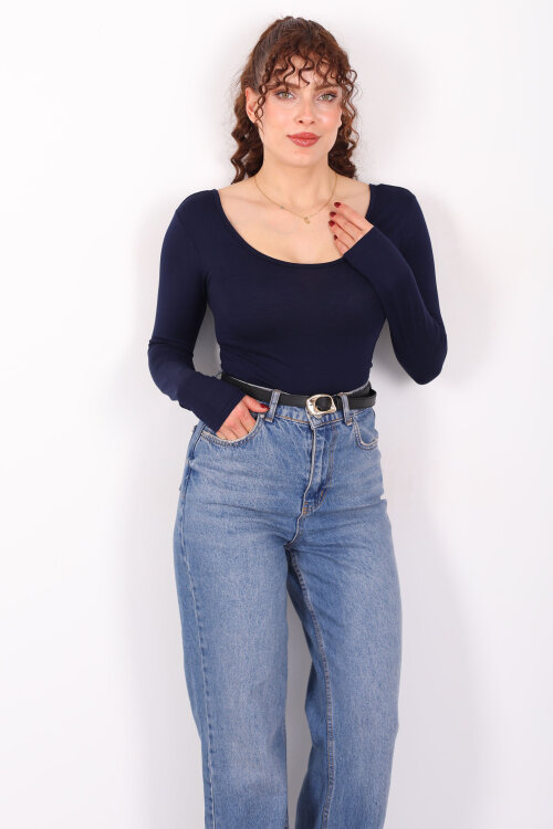 Ön Arka U Yaka Uzun Kollu Lacivert Kadın Basic Bluz - 3